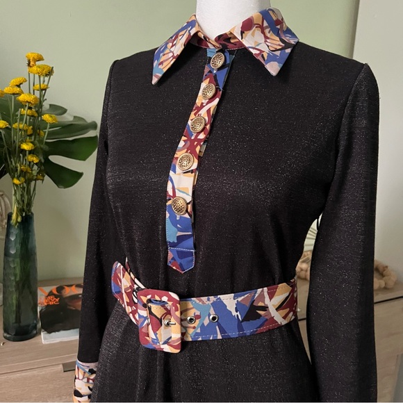 Dresses & Skirts - Modest Black Glitter & Vintage Floral Antique Gold Button Fit & Flare Dress Sz S